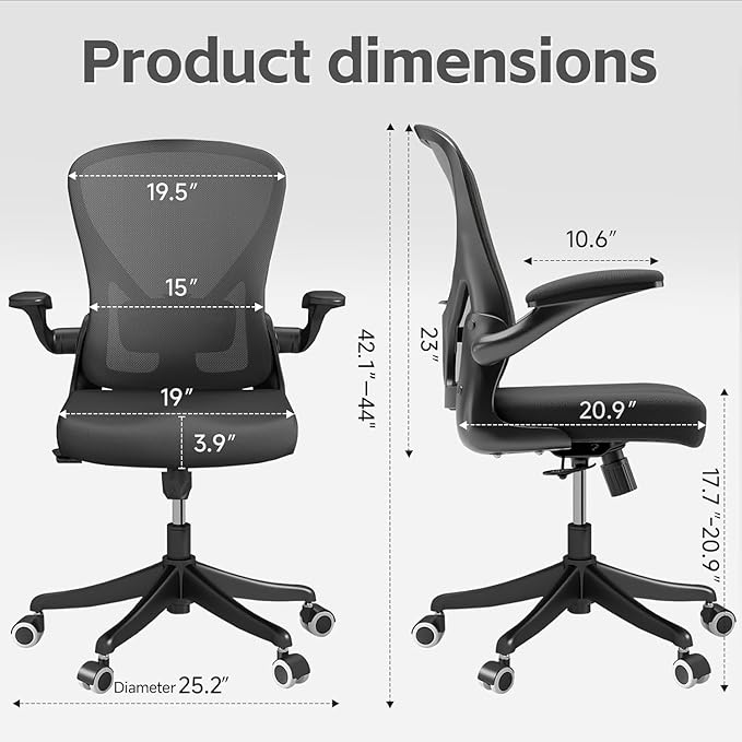 Ergonomic Office Chair with Adjustable Flip-Up Armrests & Lumbar Support - Thickened Cushion Desk Chair with Wheels, Home Office Computer Chair (Black)