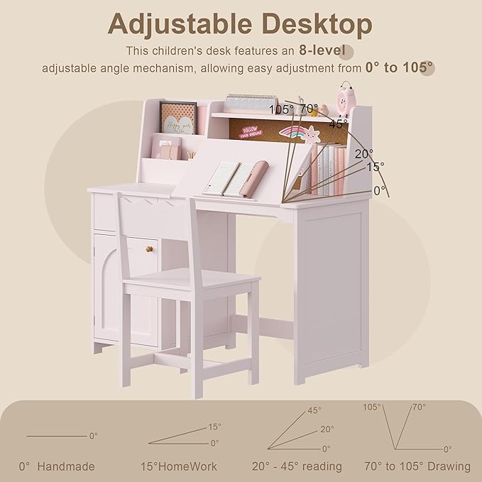 Treocho Kids Study Desk and Chair Set, Kids Desks with Hutch and Tiltable Desktop for 5-12 Years Old, Wooden Children Study Table with Fabric Drawer, Student Writing Desk Bedroom, Home School, Pink