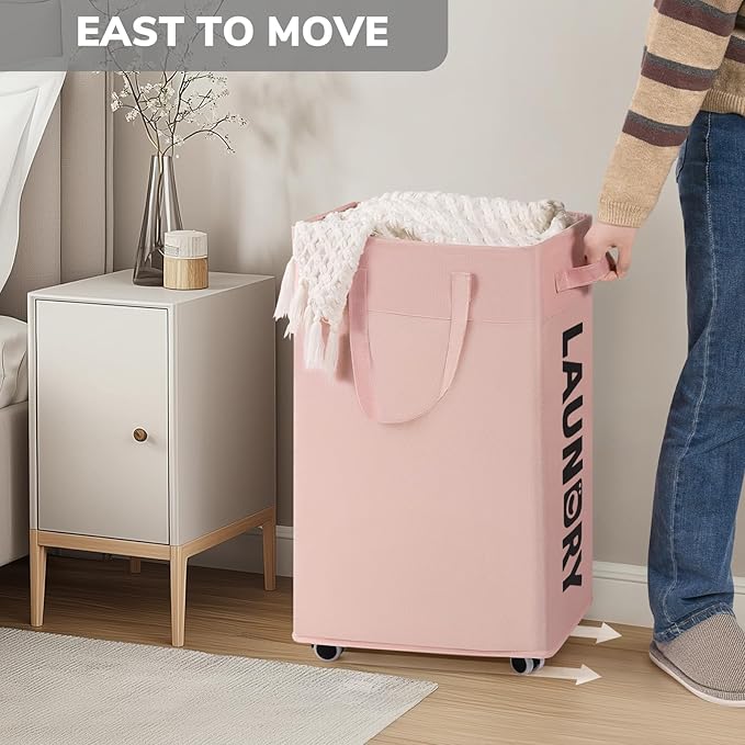 Goodpick Laundry Basket with Wheels, Dorm Room Essentials for Girls, 75L Collapsible Laundry Basket, Pink Laundry Hamper with Handle for College Dorm