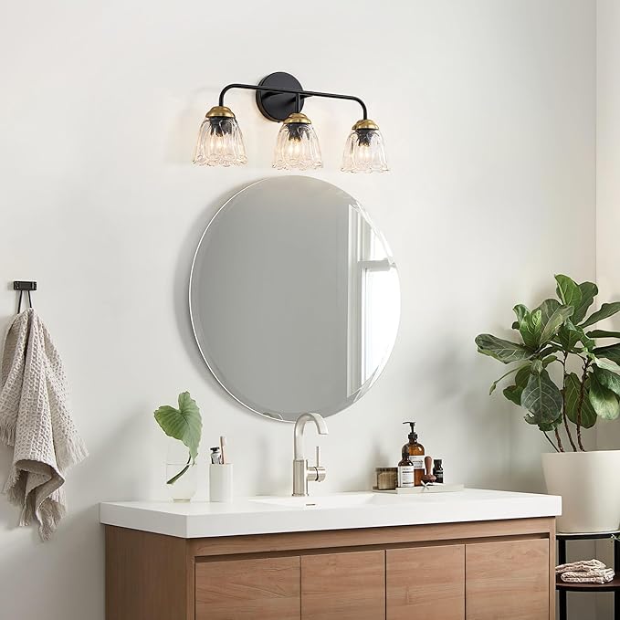 3-Light Black and Gold Bathroom Vanity Light, Thickened Glass Shade Wall Sconce, E12 Base Vanity Lighting Fixture for Mirror Cabinet Makeup Dressing Table