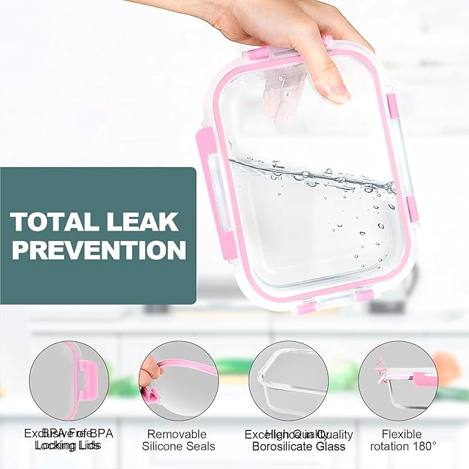 VERONES 10Pack Glass Meal Prep Containers, Airtight Glass Lunch Containers,Stackable Glass Food Storage Containers Set with Lids,Exclusive of BPA, for Microwave,Oven, Freezer&Dishwasher Friendly,Pink