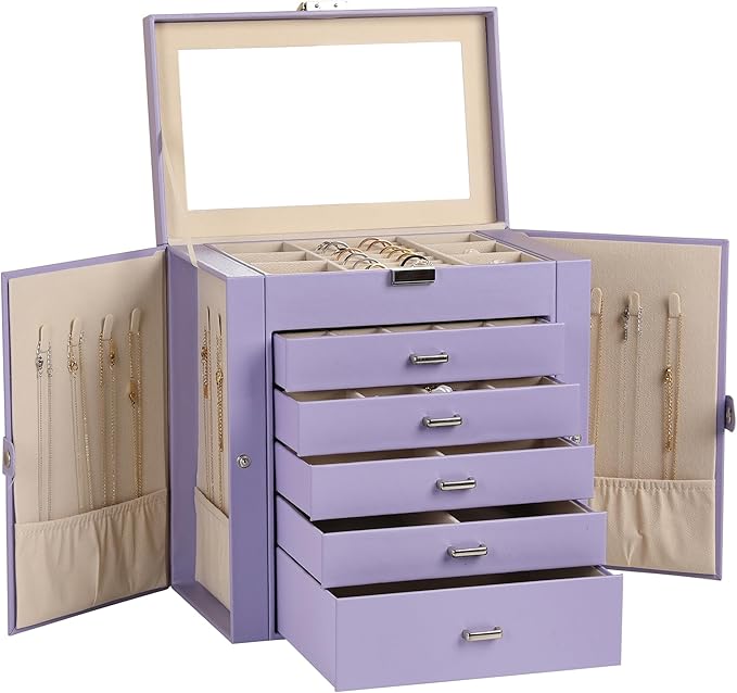 Frebeauty Large Jewelry Box,6-Tier PU Leather Jewelry Organizer,Multi-functional Storage Case with Mirror,Accessories Holder with 5 Drawers for Necklace Bracelets Watches（Purple）