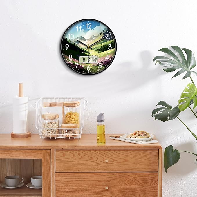 Digital Large Display Silent Wall Clock with Temperature Date Mountain Flowers Modern Non-ticking Battery Operated Mount Clocks Bathroom Kitchen Clock Farmhouse Living Room Office Decor 12 Inch