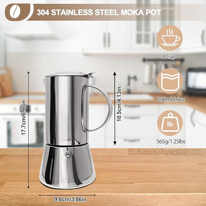 Uncoated 4 Cup Moka Pot 304 Thickened Stainless Steel Coffee Maker Stovetop Espresso Coffeemaker Italian Classic Style Brewing Greca Cafe Mocha Machine for Cafeteras Camping Travel Home 200ml 6.6oz