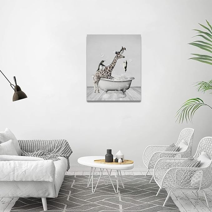 Funny Wall Art Giraffe and Penguin Bathroom Pictures for Kids - Animals in Bathtub Canvas Prints Artwork - Home Decorations for Bathroom, Bedroom, Toilet - Framed