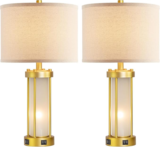 RORIA Modern Table Lamps for Living Room Set of 2, Farmhouse Bedroom Lamps for Nightstands with Dual USB Ports, Gold Bedside Lamps with White Frosted Glass Nightlight, 4 Bulbs Includes (Gold)