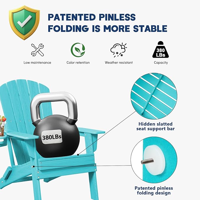 Plawdlik Folding Adirondack Chair, SGS Tested, Wooden Textured with Cup Holder, Heavy All-Weather HDPE Comfortable Set Poolside Backyard Lawn Aruba Blue