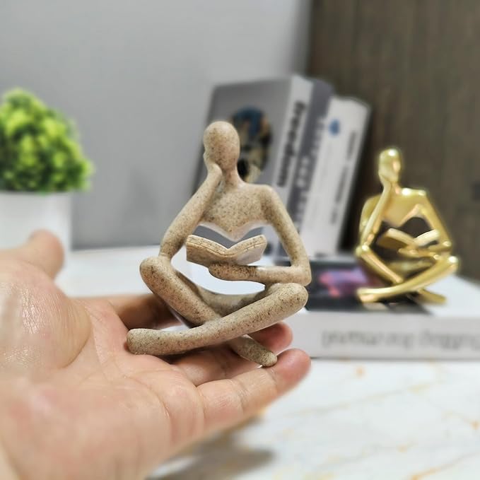 Reading Sculpture Thinker Statue 4.5”- Modern Abstract Art Figurine for Bookshelf & Coffee Table Decor, Aesthetic Home Accents for Living Room, Office Shelves, Desks, and Knick Knack Displays (Grey)