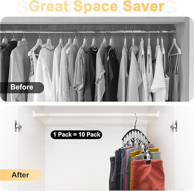 Legging Organizer for Closet, Metal Yoga Pants Hangers 1 Pack w/10 Clips Holds 10 Leggings, Space Saving Hanging Closet Organizer w/Rubber Coated Closet Organizers and Storage, Black
