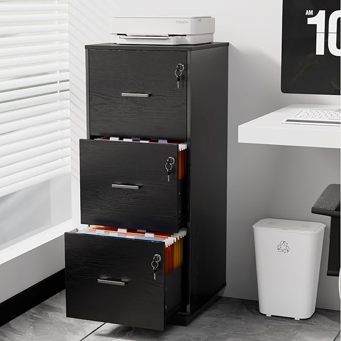 VINGLI 3 Drawer File Cabinet with Lock, Home Office Filing Organizer, for Letter Size File Folder Storage, Wood Tall Vertical Filing Cabinet, Printer Stand, Archivador (Black)