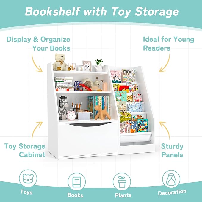 TOETOL Kids Bookshelf & Book Storage,3 Tier Wooden Toddler Bookshelf for Children,Nursery Book Shelves with 6 Sling,Organizer & Book Shelf for Kids Rooms,Bedroom,Playroom White