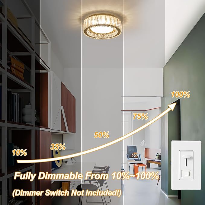 Dimmable Modern Luxury Crystal LED Flush Mount Ceiling Light,11 Inch 24W/5CCT 3000K-6000K Gold Small Close to Ceiling Lighting Fixtures for Kitchen,Entryway,Laundry Room,Porch