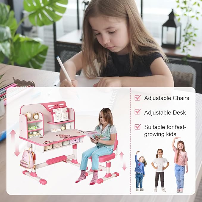Kids Study Desk and Chair Set, Height Adjustable Kids Table and Chairs, Desk for Bedroom, Children School Study Writing Tables with Large Writing Board, Ideal Gifts for Boys Girls 8-12