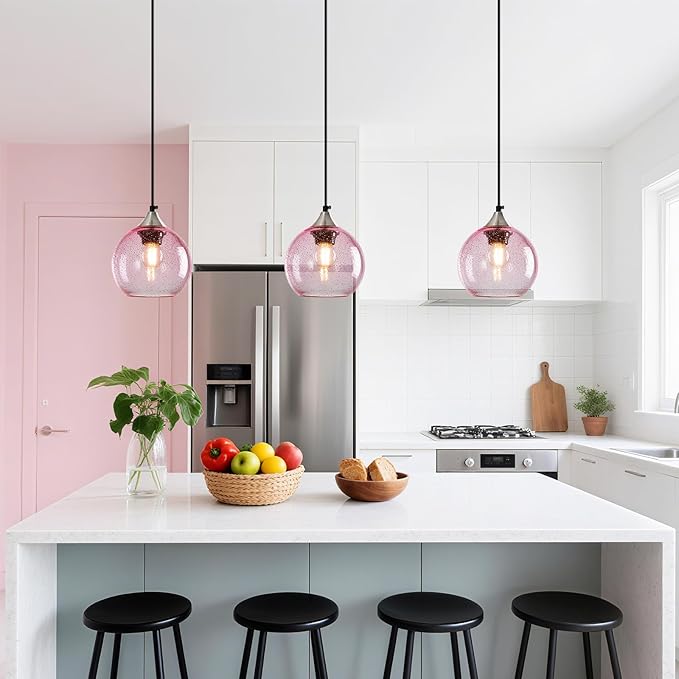 Pink Glass Pendant Lights Kitchen Island Globe Pendant Light Fixtures Modern Pendant Lighting for Bedroom Living Dining Room Light Fixture (5.9 in, 3 Pack)