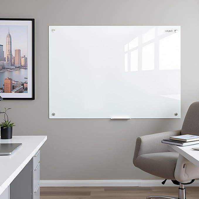 Loukin Glass Whiteboard for Wall, Magnetic Dry Erase Glass Board, Framless Surface White Board for Office, School, Dry Erase Whiteboard Set Includes Cleaner & Eraser & Marker (36" x 48")