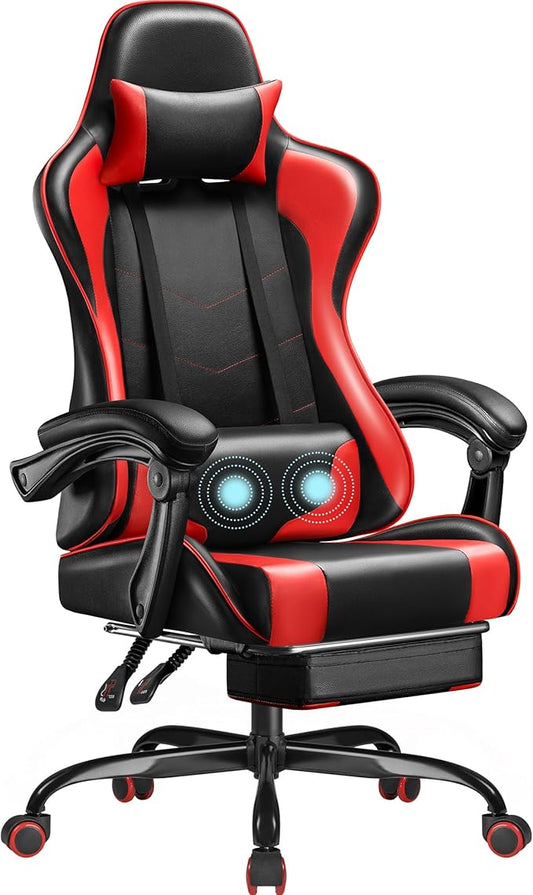 Homall Gaming Chair, Video Game Chair with Footrest and Massage Lumbar Support, Ergonomic Computer Chair Height Adjustable with Swivel Seat and Headrest (Red)