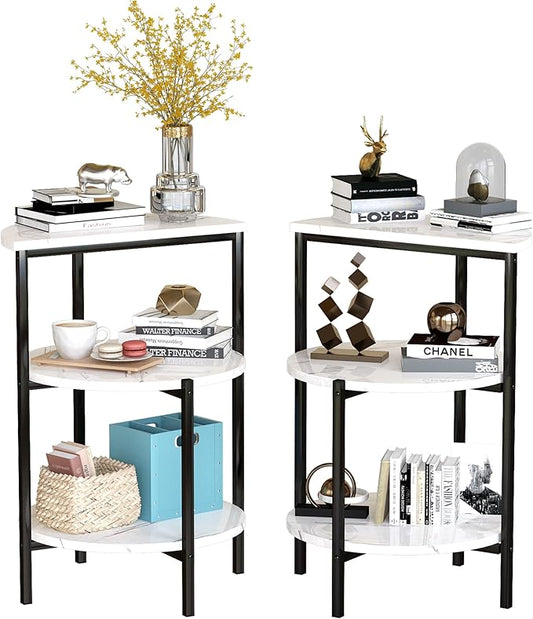AWQM Marble Side End Table Set, 3-Tier Sofa Side Table, Small Round Coffee, Table Bedside Table of 2, Corner Table w/Metal Frame for Living Room Bedroom, White+Black