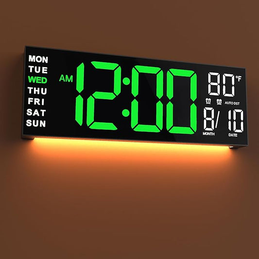 JALL 16" Large Digital Wall Mount Clock, Count Down Timer, Alarm, Big LED, RGB Color, DST, Temperature for Living Room Classroom Desk, Xmas, Birthday Gift for Senior Mom Dad (Green White, 16 inches)