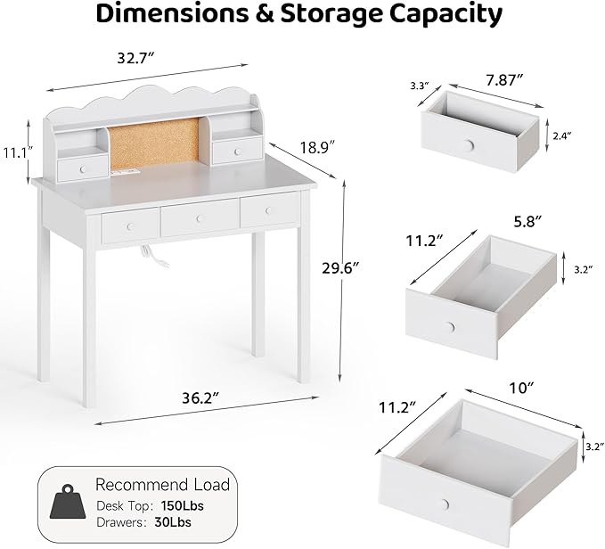 Home Office Furniture Writing Desk, 36 Inch Computer Work Station with Detachable Hutch for Small Place, 5 Drawers(White)