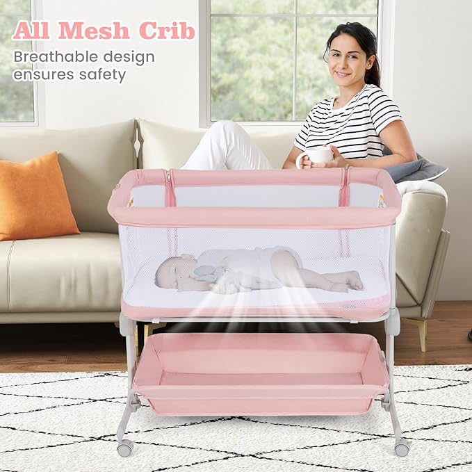 INFANS 3 in 1 Baby Bassinet, Bedside Sleeper with Comfy Mattress, Wheels, 6 Height Adjustable, Storage Basket, Travel Bag, Portable All Mesh Crib for Newborn Infant (Pink)