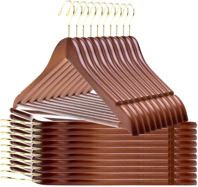 Quality Wooden Hangers - Slightly Curved Hanger 90 Pack Sets - Solid Wood Coat Hangers with Stylish Chrome Hooks - Heavy-Duty Clothes, Jacket, Shirt, Pants, Suit Hangers (Walnut - Gold Hook, 90)