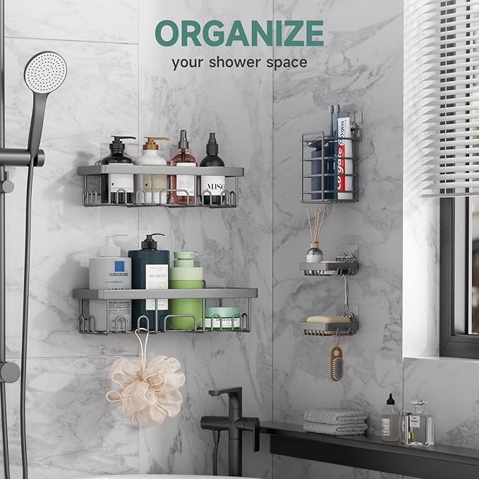 Veken Adhesive Shower Caddy 5-Pack,Heavy Weight Bearing,Large Wall Mounted Shower Shelves Rack,Organizer Storage Accessories with Soap Dish&Toothbrush Holder,Ideal for Bathroom,Home&Kitchen,Light Grey