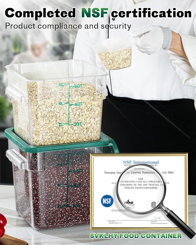 2QT NSF Food Storage Containers: 6 PCS [Food Grade][Hot&Cold Resistant] Commercial Clear Square Food Storage Containers with Scales Handles for Home Restaurant Kitchen Proof Dough(BPA FREE-GREEN)