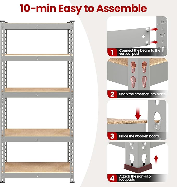 Yaheetech Storage Shelves 5 Tier Garage Shelving Heavy Duty Garage Shelves Adjustable Metal Shelving Unit Utility Rack Industrial Shelving for Warehouse Pantry Closet, 27.5"W x 12"D x 60"H, Light Gray