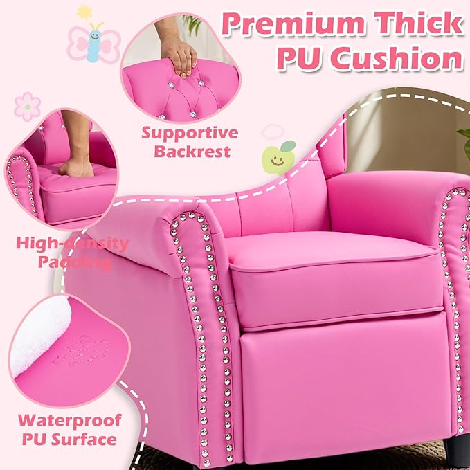 AVAWING Kids Wingback Recliner Chair with Studded Tufted Backrest & Nailhead Trim, PU Leather Kids Chair with Adjustable Backrest and Footrest, for Bedroom or Nursery, Pink