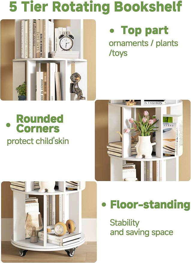 Baoz 5-Tier Rotating Bookshelf Tower, 360° Display Stackable Spinning Bookshelf with Wheels, Floor Standing Corner Revolving Bookcase, Rotating Book Shelf for Kids Rooms, Living Room, Bedroom - White