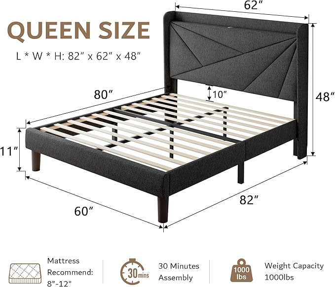iPormis Queen Size Bed Frame with Charging Station, Linen Platform Bed Frame with Wingback Headboard Upholstered Bedframe, Solid Wood Slats Support, No Box Spring Needed, Easy Assembly, Dark Grey