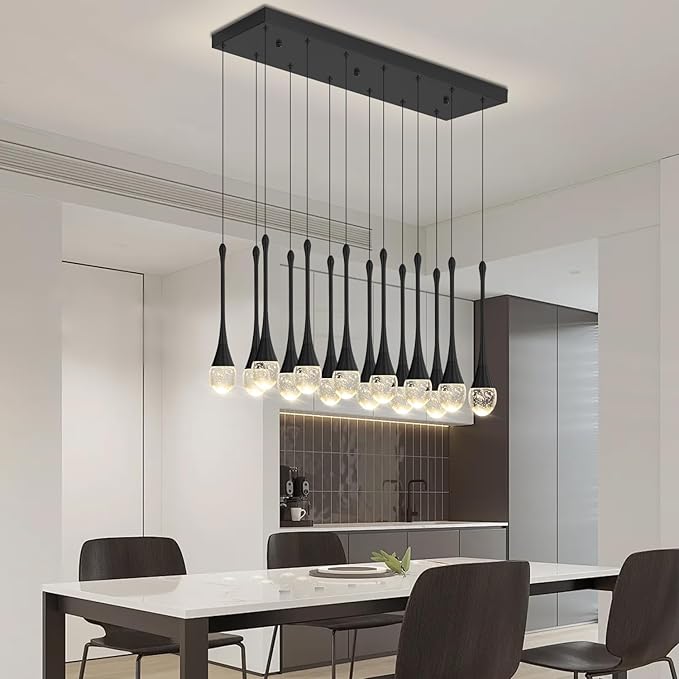 Modern Rectangular Chandelier,14 Lights Black Raindrop Chandelier Lighting,Industrial Linear Pendant Ceiling Light Fixture for Dining Living Room Kitchen Island