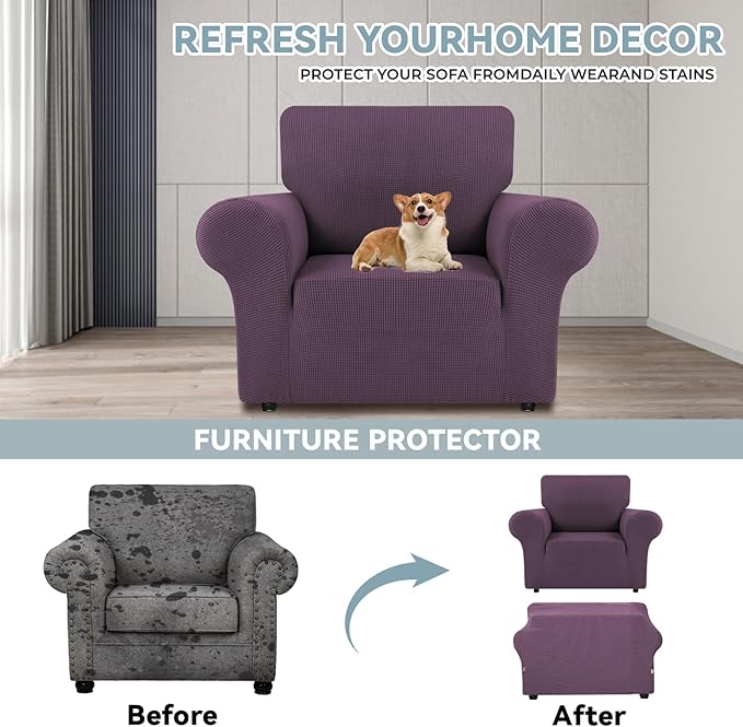LURKA Stretch Chair Sofa Slipcovers 1 Piece Couch Covers for Sofa Furniture Protector Full Sofa Covers with Elastic Bottom for Kids and Dog (Small,Purple)