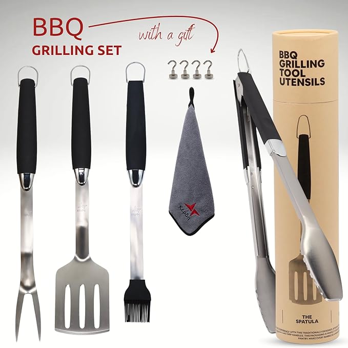 Premium Grill Utensils Set – 9-Piece BBQ Tool Kit with Extra-Long Stainless Steel Spatula, Fork, Tongs, Brush, Hooks & Cloth – Outdoor Grilling Set & Gift for BBQ Lovers