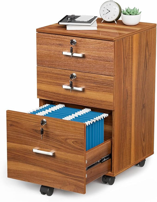 VINGLI 3-Drawer File Cabinet with Lock, Wood Rolling Filing Cabinets for Home Office, Mobile Printer Stand, Under Desk File Organizer for Letter Sized Files, 26" H(Caster Included), Walnut