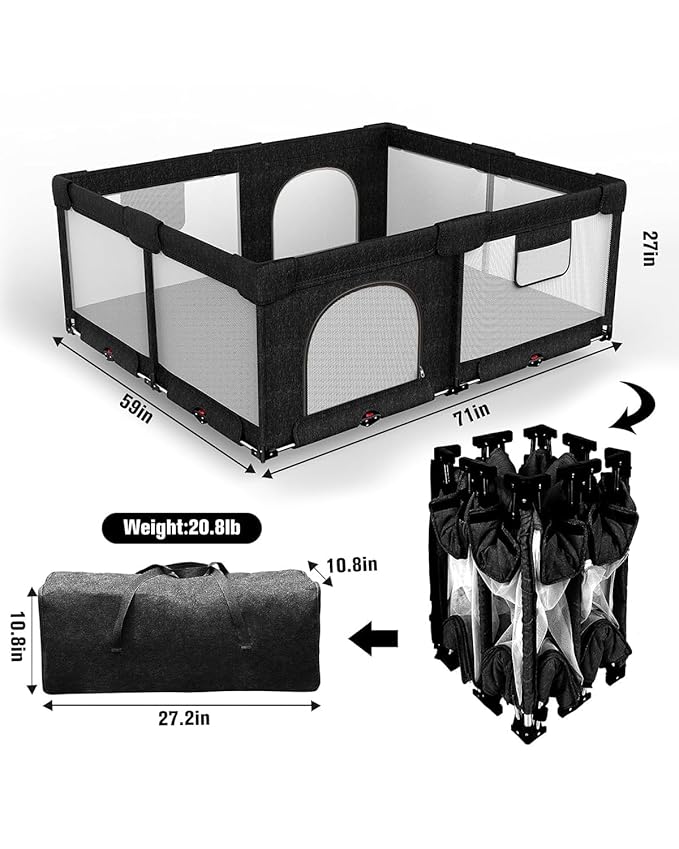 Foldable Baby Playpen with Gate, Extra Large Collapsible Play Yard for Babies & Toddlers, Portable Travel Playpen, Baby Activity Center for Indoor & Outdoor Use (Black 59"×71")