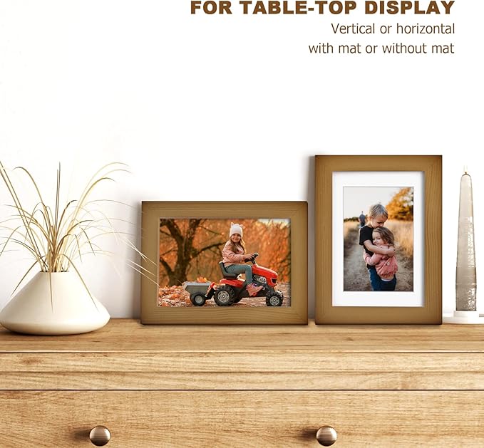 KINLINK 4x6 Picture Frame Brown, Solid Wood Frames with Acrylic Plexiglass for 3.5x5 with Mat or 4x6 without Mat, Tabletop and Wall Display Photo Frame, Set of 4