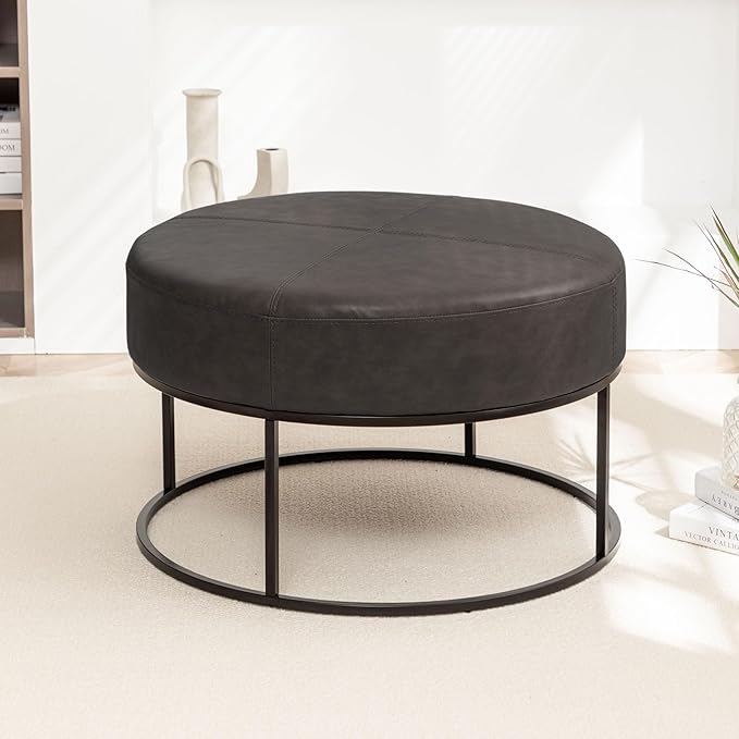 Modern Round Coffee Table, Farmhouse Ottoman for Living Room, Large Vintage Leather Coffee Tables with Leather Upholstered Padded Seat [Round, Vintage Black, 30'']
