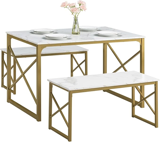 VECELO Kitchen Table with 2 Benches for 4, Wood Dining Room Dinette Sets with Metal Frame for Breakfast Nook and Small Space