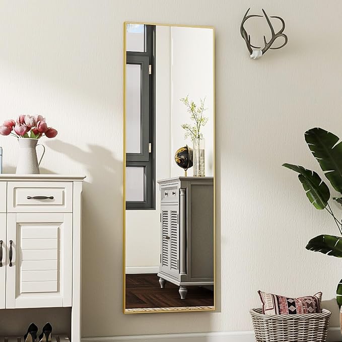 Koonmi 21"x56" Floor Mirror Full Length, Bedroom Floor Body Mirror with Stand, Large Gold Mirror, Leaning, Standing or Hanging Horizontally/Vertically