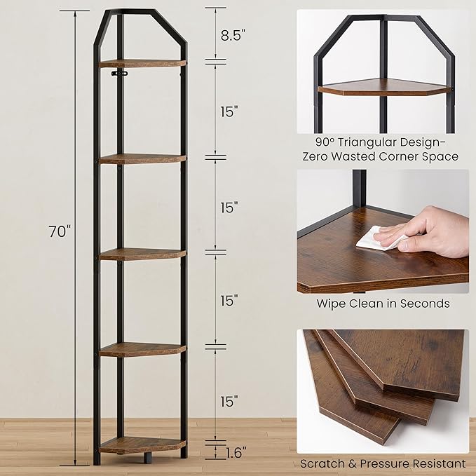 70 Inch Corner Shelf with LED Lights, 5-Tier Corner Bookshelf for Small Spaces, Wood & Metal Storage Rack for Bedroom, Living Room, Office - Modern Space Saving Design- Brown