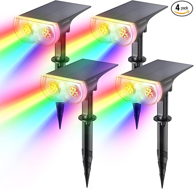 Linkind Solar Lights Outdoor Waterproof IP67, StarRay RGB Solar Spot Lights Outdoor, Color Changing Outdoor Solar Lights for Yard, Garden, Pathway, Decorations (Multicolor, 4 Pack)