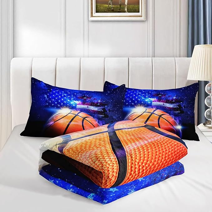 Kids Comforter Set Basketball Printed Pattern Bedding Set with 1 Comforter and 2 Pillowcases for Girls Boys Bedroom All Season(Basketball Queen)