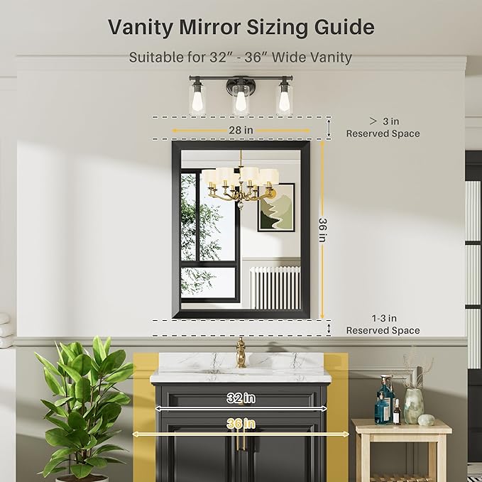 28x36 Inch Black Bathroom Mirror for Wall, Thick Metal Framed Rectangle Mirrors for Over Sink, Bedroom, Living Room, Entryway, Anti-Rust, HD Tempered Glass