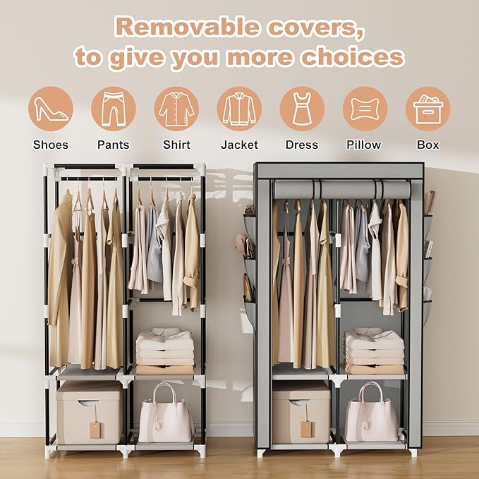 VTRIN Portable Closet Wardrobe for Hanging Clothes with 4 Storage Shelves, 2 Hanging Rods and 6 Pockets, Stable and Easy Assembly Clothes Rack with Cover Free Standing Closet for Bedroom, Grey