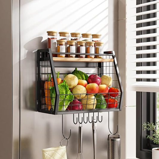 Magnetic Shelf for Fridge 2-Tier Storage, Magnetic Spice Rack with 8 Hooks, Large Capacity Refrigerator Organizer Multi - Purpose - 15kg Capacity