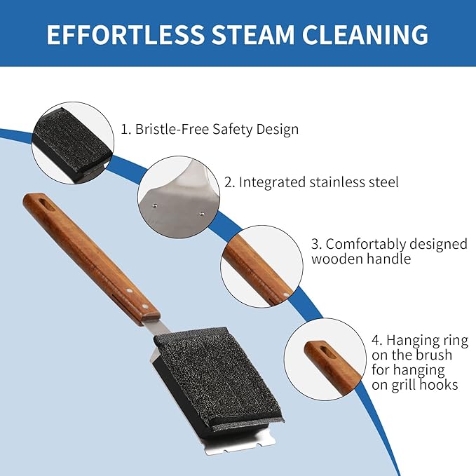 Bristle-Free Steam Grill Brush with 1 Replaceable Heads & Wood Handle - Heat-Resistant, Safe for All Grills (Cast Iron, Stainless Steel, Gas, Charcoal) - Cleaning Tool Grill Master Gift