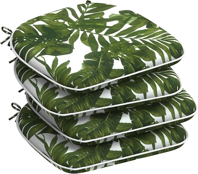 Set of 4 Outdoor Chair Cushions with Ties,Water Repellent Patio Chair Pads 17"x 16" for Outdoor Furniture,Round Corner Seat Cushions for Garden Yard Kitchen Palm Green