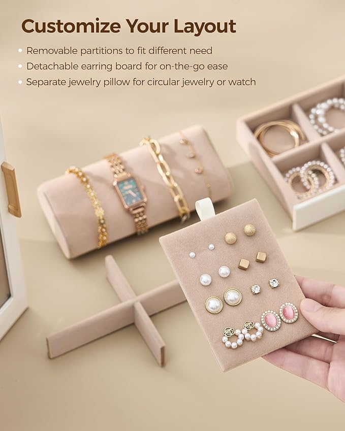 360° Rotating Jewelry Box with 7 Drawers, Spacious Vertical Jewelry Organizer with Glass Window, Jewelry Storage Case, Dustproof & Moisture-resistant Design, White