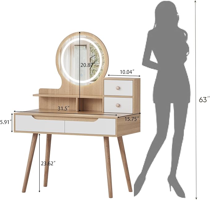 Ball & Cast 31.5" Vanity Desk with 3 Adjustable Lighted Mirror and Solid Wood Table Feet,MakeupDressing Table Set w/ 4 Drawers & 3 Open Shelves, for Small Space Bedroom Office,Nature